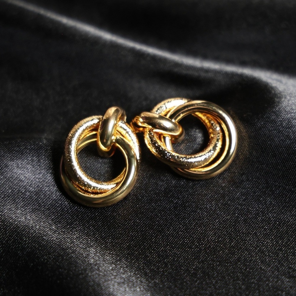 Gold Stainless Steel Interlocking Double Hoop Textured Drop Earrings JW023